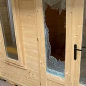 The smashed window in Barndale's therapy lodge.