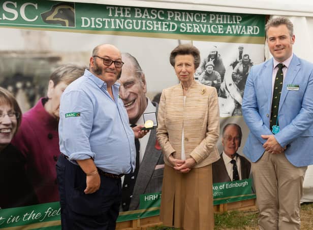 Collin Teago, left, with the Princess Royal and Eoghan Cameron, BASC chairman.