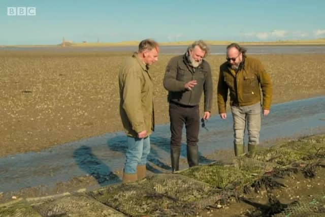 The Hairy Bikers, Si King and Dave Myers, with Chris Sutherland on a visit to Lindisfarne Oysters. Picture: BBC