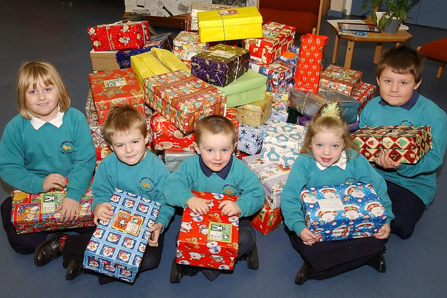 Alnwick South First School collecting boxes for Operation Christmas Child In November 2004.