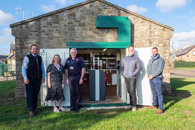 Wooler councillor Mark Mather, Hannah Davidson, assistant project manager for climate change at Northumberland County Council, Paul Hedley, chief fire officer, Bamburgh councillor Guy Renner-Thompson and Ian Goodchild, director of non-domestic sales for Kensa.