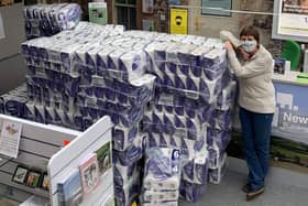 Rachel Sinton of Glendale Gateway Trust with a delivery of toilet rolls to Wooler Food Bank during the pandemic.