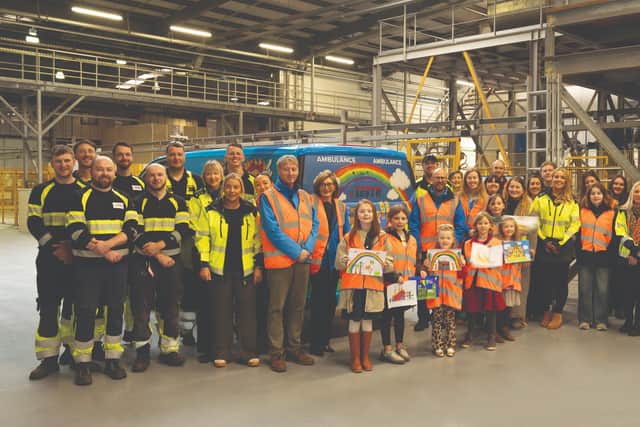 EGGER and Daft as a Brush gathered for an event at EGGER’s Hexham plant to see the new ambulance.