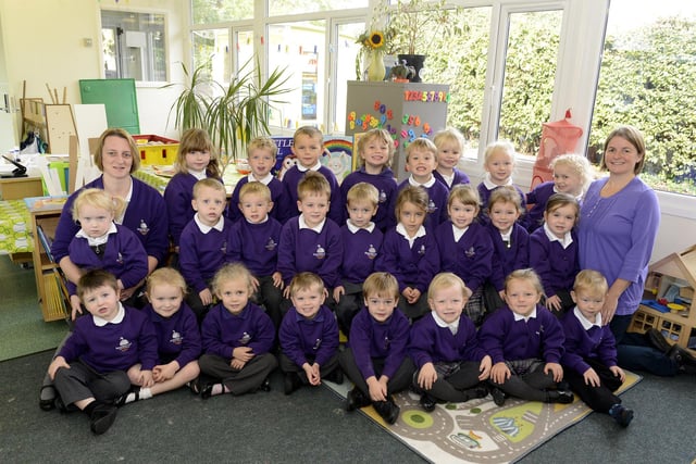 Vanessa Hornsby and Nicola Threlfall with the Apple nursery group at Swansfield Park First School in Alnwick