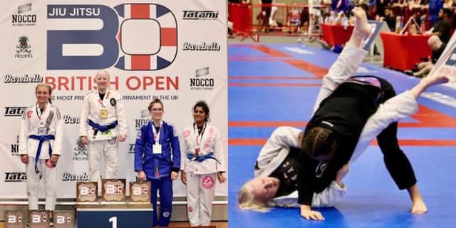 Abbi Rae on the podium with her gold medal at the British Open, and in action during the competition.