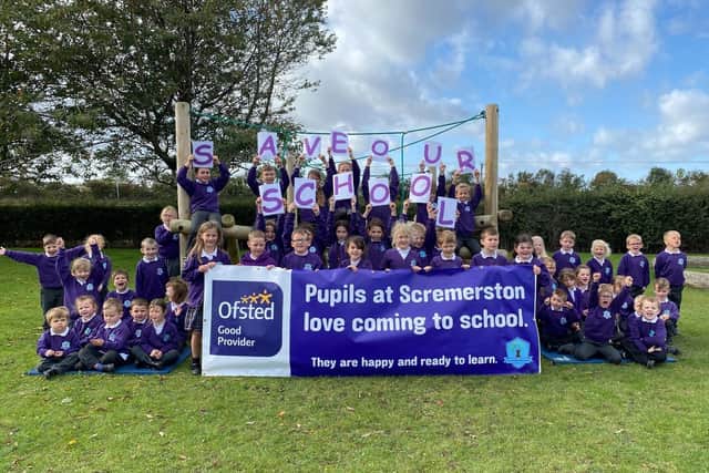 Scremerston First School pupils pictured at the start of the campaign to save the school from closure.