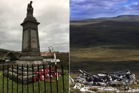 Tweedmouth War Memorial, picture by Canon Alan Hughes, and the remains of an Argentine trench from the war for the possession of the Falkland Islands in 1982 between Argentina and the United Kingdom, picture from Getty Images.