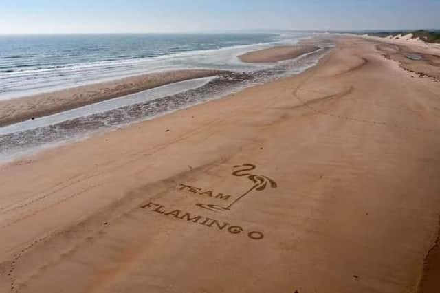 Beach art to raise awareness of Team Flamingo. Picture by Claire Eason, of Cloud Dancer Photography.