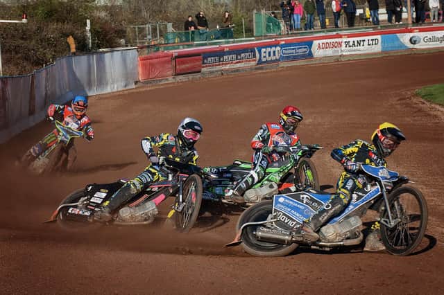 Bandits' Jonas Knudsen and Thomas Jorgensen race Redcar Bears' Charles Wright at Redcar. Picture: Colin Poole