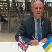 Blyth Valley MP Ian Levy signing the Ukraine Solidarity Book.