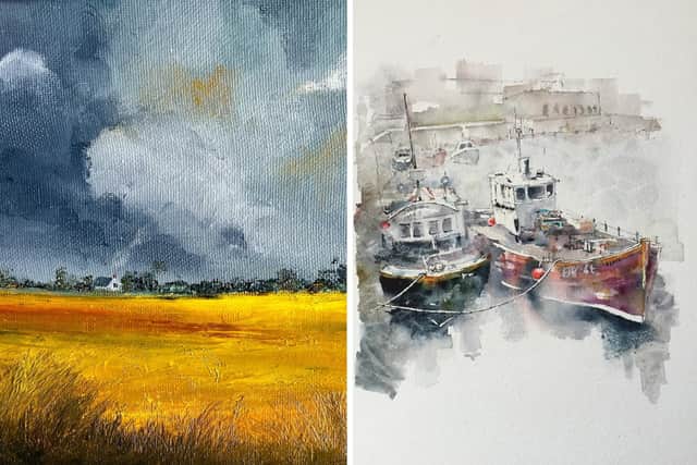 ‘Golden Harvest’ by Kath Woollen, left, and 'Seahouses Harbour' by Jacqui Hill, both of Morpeth Art Group.