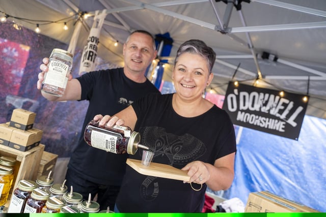 Graeme and Louise Woodfine selling their O'Donnell Moonshine.