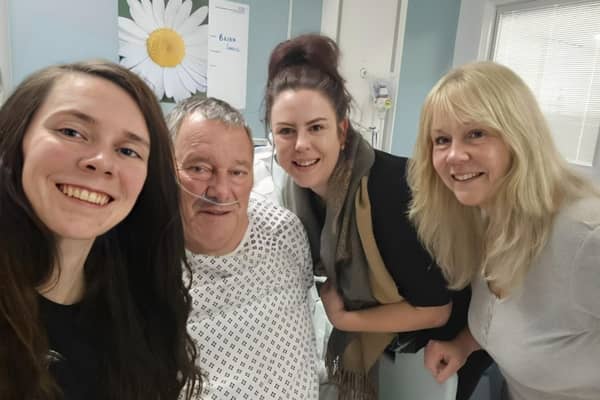 Brian Snell in hospital with daughter Millie, daughter Olivia and wife Tracey.