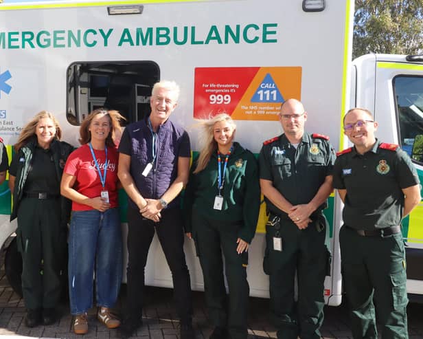Roger Crosby with North East Ambulance staff Iain Shaw, Claire Shearer, Heidi Crosby,  Ebony Tweddle, Dustin Norris and Thomas Montillaro.