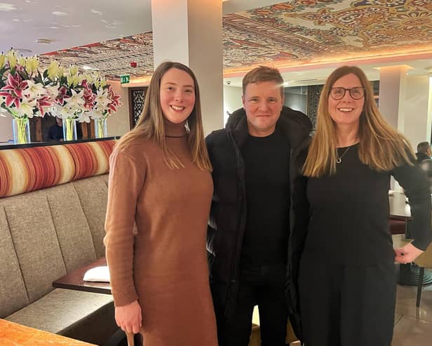 Kate Cairns and her mother with Newcastle United manager Eddie Howe in Haveli. Picture courtesy of Bait with Kate.