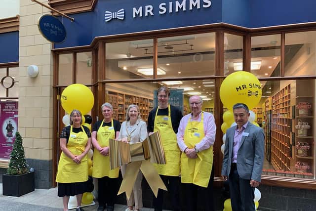 The Mr Simms Sweet Shop Morpeth team, including owners Jack and Chris Barnes, Coun Alison Byard, Morpeth Mayor, and Tony Chan, managing director of Mr Simms.
