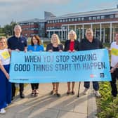 Launch of Stoptober in Northumberland. From left, Ailsa Rutter; Mark Foden, Stop Smoking Practitioner; Brenda Warner, Stop Smoking Specialist; Cllr Wendy Pattison; Gill O’Neill; David Hays, service user; Neil Green, Fresh. Picture by Elliot Nichol.