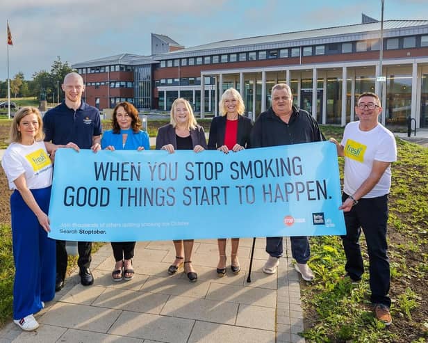 Launch of Stoptober in Northumberland. From left, Ailsa Rutter; Mark Foden, Stop Smoking Practitioner; Brenda Warner, Stop Smoking Specialist; Cllr Wendy Pattison; Gill O’Neill; David Hays, service user; Neil Green, Fresh. Picture by Elliot Nichol.