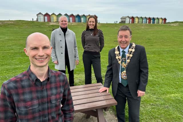 From the left, Stuart Landreth of Frisk Radio, event host Kenny Dick, Blyth Town Council's Julie Summers, and Mayor of Blyth Town Council Warren Taylor.