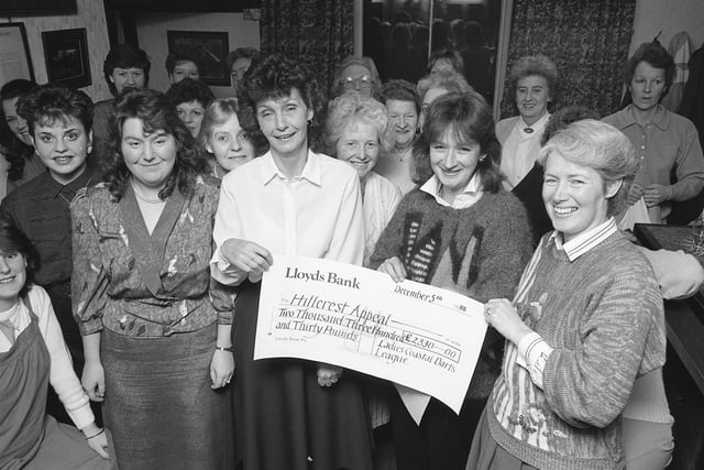 The Ladies Coastal Darts League presented money to the Hillcrest appeal in 1988.