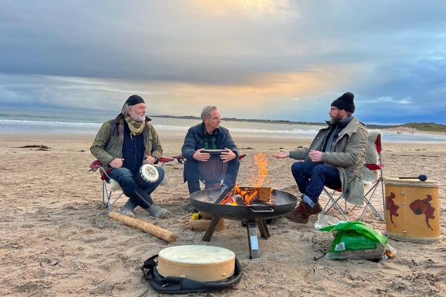 Robson and Si King drumming on a Northumberland beach for new BBC programme.