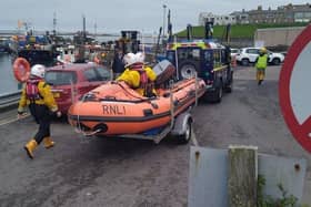 Seahouses inshore lifeboat launching on service.