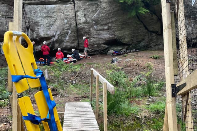 Rescue of a fallen rock climber at Kyloe in the Wood crag, north of Belford.