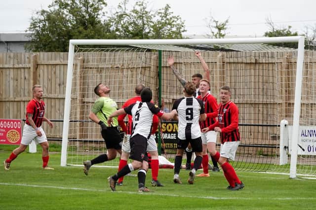 Goalmouth action from Alnwick Town's opening game of the season against Ponteland United. Picture: Alnwick Town FC