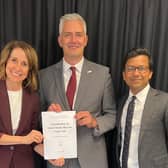 David Smith MP handing over his North Northumberland Consultation on a Social Media Ban for U16s, to Liz Kendall MP, Secretary of State for Science, Innovation and Technology, and AI and Online Safety Minister, Kanishka Narayan MP.