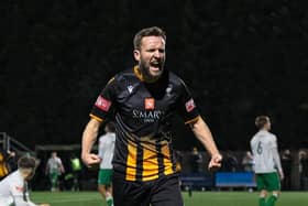Morpeth defender Josh Robson celebrates the first goal against Bradford Park Avenue in the last fixture at Craik Park. Picture: George Davidson.