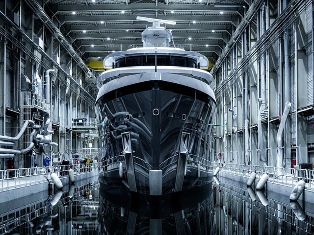 The submarine takes pride of place, centrally positioned in a shallow well at the stern with its huge Palfinger knuckle-boom launching crane on its starboard side.The steel hull has been built to ice class and includes an advanced WASSP sonar system to explore the ocean floor.