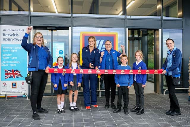 The official opening of Aldi in Berwick with Team GB athlete Gemma Gibbons joining children from Spittal Community First School and Aldi staff to cut the ribbon.