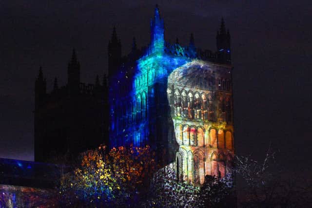 The spires of Durham Cathedral lit up by "In Our Hearts Blind Hope" display by artist Zsolt Balogh, taking us on a journey from reflection to celebration, from death to rebirth. All photos by Ian McClelland for JPI Media