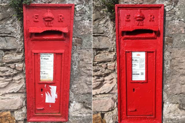 The post box on Pier Road before the restoration, left, and after the restoration.
