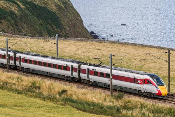 A LNER Azuma train travelling through the Scottish Borders.