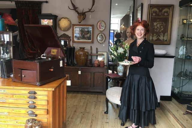Julia Watts inside the Cygnus Antiques shop on Castlegate. Picture by Canon Alan Hughes.