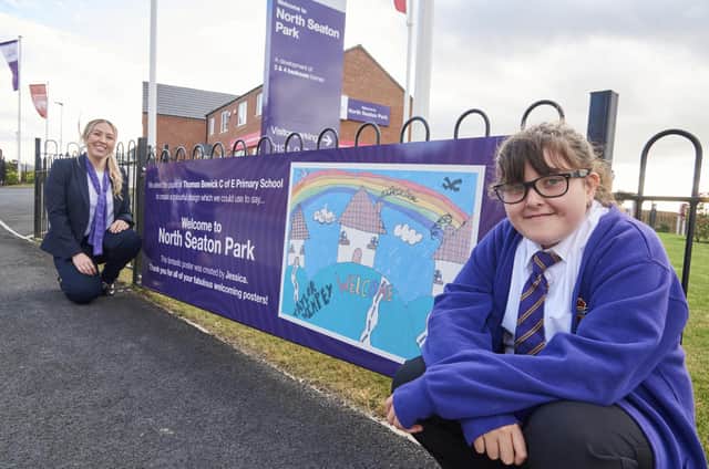 Jessica with her winning design outside Taylor Wimpey North East’s development, North Seaton Park.