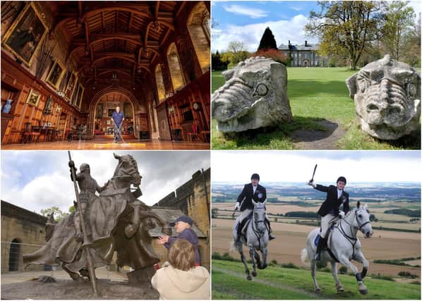 Clockwise from top left: The King's Hall, Bamburgh Castle; Wallington Hall; the Cavalcade charges Branxton Hill on Flodden Day ride-out during Coldstream civic week; Harry Hotspur statue at Alnwick Castle.