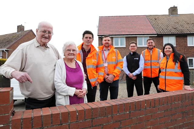 Colleagues from Karbon Homes and RE:GEN Group with Hadston residents, left to right, Tom and Joyce Rankin, Nathan Lowes, Mark Whittaker, Leon Burns, Gareth Hutchinson and Vanessa Brown.