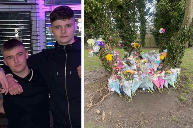Mikey Easton, left, and Riley Hedley, plus floral tributes left at the crash site on the A196.