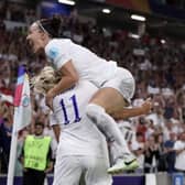 "We're all going to Wembley" ... Lucy Bronze celebrates with England.