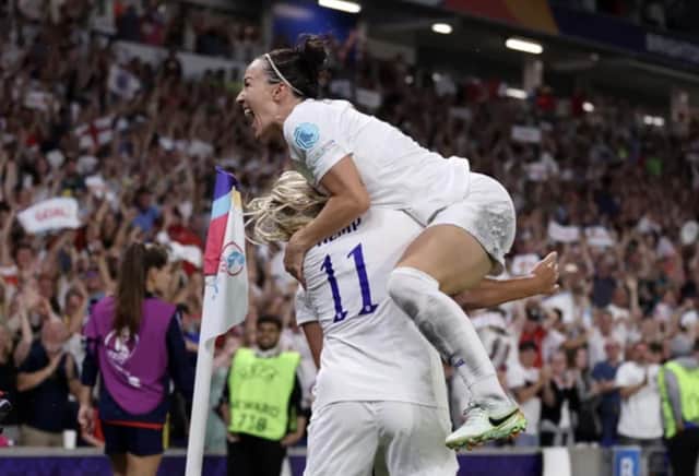 "We're all going to Wembley" ... Lucy Bronze celebrates with England.