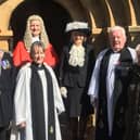 From left, Colonel James Royds, Judge Paul Sloan, Rev Fiona Sample, High Sheriff Diana Barkes, Canon Alan Hughes, Mrs Susan Hughes. Picture courtesy of Alan Hughes.
