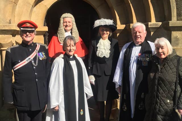 From left, Colonel James Royds, Judge Paul Sloan, Rev Fiona Sample, High Sheriff Diana Barkes, Canon Alan Hughes, Mrs Susan Hughes. Picture courtesy of Alan Hughes.