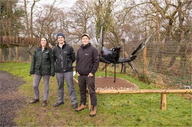 Heather Harrison, Ian Marshall and Krzysztof Dabrowski of the Environment Agency with the crayfish sculpture at Northumberland Zoo. Picture: Iain Reynolds