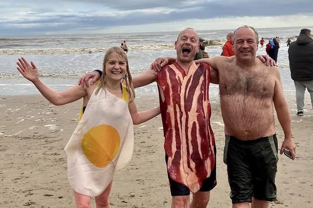 Why go swimming in trunks and a swimming costume when you could be dressed as bacon and an egg?