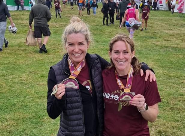 Harriers Karen Leeson and Jo Powell with their GNR medals.