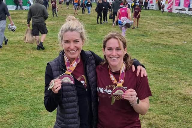 Harriers Karen Leeson and Jo Powell with their GNR medals.