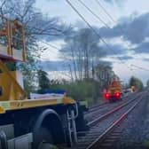 A still from a video shared by the Tyne and Wear Metro as its engineers repaired overhead lines brought down by severe weather.