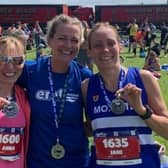 Anna Wright, Julie Vermaas and Jane Kirby are all smiles after completing the Edinburgh Marathon. Picture: Morpeth Harriers.